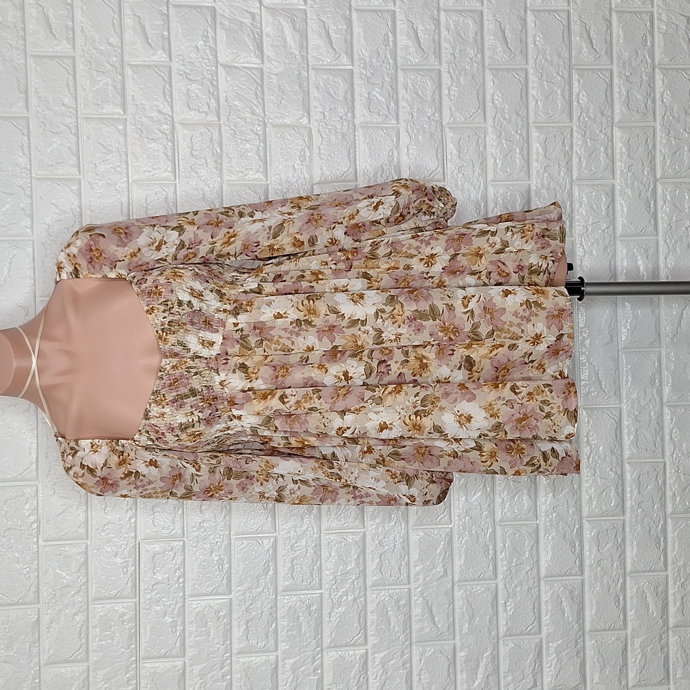 WINDSOR Everlasting Pretty Floral Peasant Dress with Sheer Long Sleeves NWT